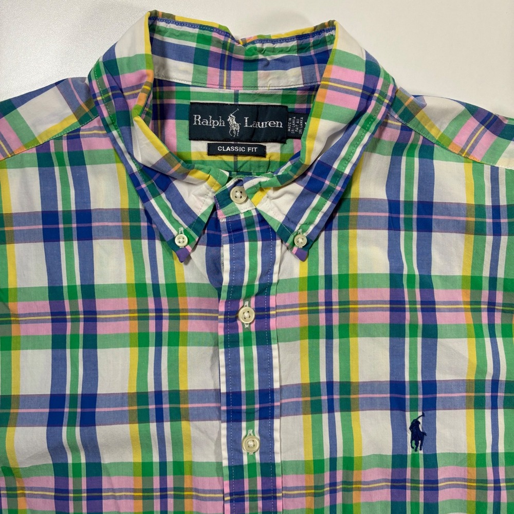 Ralph Lauren Button Down Shirt XL Pastel Multi Color Plaid Classic Fit Oxford